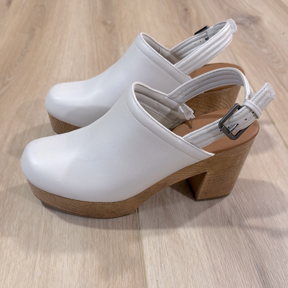 White Leather Mules with Wooden Heel